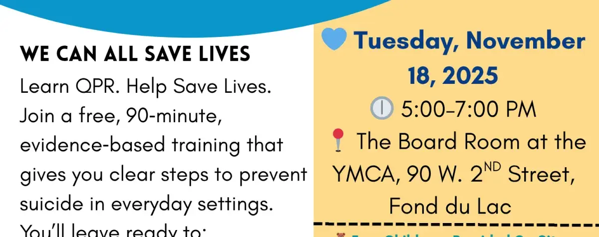 “Banner image for QPR Suicide Prevention Training featuring the text ‘Suicide Prevention: Question, Persuade, Refer’ with the QPR Institute logo. The design includes a blue and gold color scheme representing the YScreen and United Way branding.”