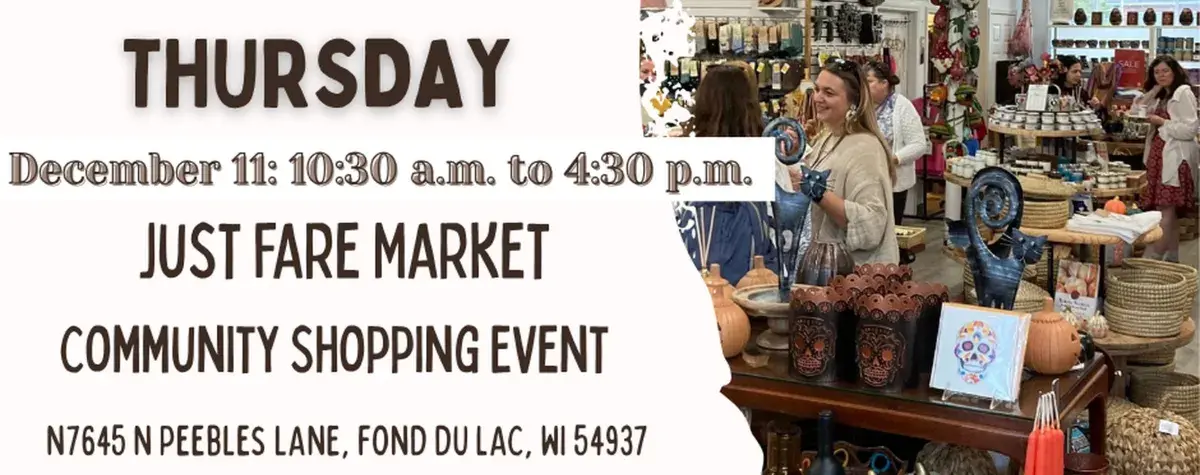 Flyer for the Giving Thursday Community Shopping Event at Just Fare Market in Fond du Lac. The flyer includes logos for Fond du Lac Area YScreen, Just Fare Market, and United Way. It announces the event on Thursday, December 11 from 10:00 a.m. to 4:30 p.m., encouraging people to shop in person or online at justfare.org to support YScreen. The background shows shoppers browsing colorful fair-trade items inside the store.
