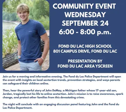 “Flyer for a community event titled Suicide by Sextortion: A Father’s Story, featuring a photo of Jordan DeMay. The flyer lists the date, time, location, and sponsoring organizations.”
