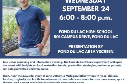 Flyer for a community event titled Suicide by Sextortion: A Father’s Story, featuring a photo of Jordan DeMay. The flyer lists the date, time, location, and sponsoring organizations.